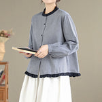 Buddha Stones Fall Plaid Striped Pattern Ruffled Hem Buttons Women's Cotton Long Sleeve Shirt