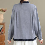 Buddha Stones Fall Plaid Striped Pattern Ruffled Hem Buttons Women's Cotton Long Sleeve Shirt