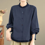 Buddha Stones Fall Plaid Striped Pattern Ruffled Hem Buttons Women's Cotton Long Sleeve Shirt