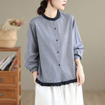 Buddha Stones Fall Plaid Striped Pattern Ruffled Hem Buttons Women's Cotton Long Sleeve Shirt