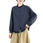 Buddha Stones Fall Plaid Striped Pattern Ruffled Hem Buttons Women's Cotton Long Sleeve Shirt