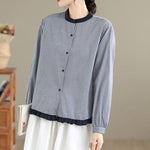 Buddha Stones Fall Plaid Striped Pattern Ruffled Hem Buttons Women's Cotton Long Sleeve Shirt