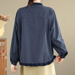 Buddha Stones Fall Plaid Striped Pattern Ruffled Hem Buttons Women's Cotton Long Sleeve Shirt
