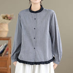 Buddha Stones Fall Plaid Striped Pattern Ruffled Hem Buttons Women's Cotton Long Sleeve Shirt