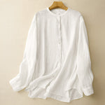 Buddha Stones Solid Color Crew Neck Buttons Design Women's Cotton Long Sleeve Shirt