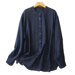 Buddha Stones Solid Color Crew Neck Buttons Design Women's Cotton Long Sleeve Shirt