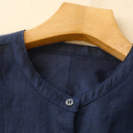 Buddha Stones Solid Color Crew Neck Buttons Design Women's Cotton Long Sleeve Shirt
