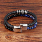 Buddha Stones Black Onyx Lazurite Lapis Lazuli Titanium Steel Fortune Calm Leather Bracelet