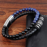 Buddha Stones Black Onyx Lazurite Lapis Lazuli Titanium Steel Fortune Calm Leather Bracelet