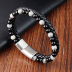 Buddha Stones Black Onyx Grey Jasper Titanium Steel Stability Leather Bracelet