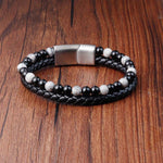 Buddha Stones Black Onyx Grey Jasper Titanium Steel Stability Leather Bracelet