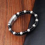 Buddha Stones Black Onyx Grey Jasper Titanium Steel Stability Leather Bracelet