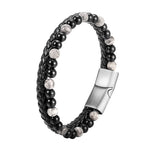 Buddha Stones Black Onyx Grey Jasper Titanium Steel Stability Leather Bracelet