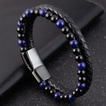 Buddha Stones Black Onyx Lazurite Lapis Lazuli Titanium Steel Positive Self Care Leather Bracelet