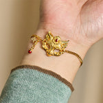 Buddha Stones 24k Gold Plated Brass Fox Mask Charm Tassel Chain Bracelet