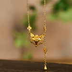 Buddha Stone 24k Gold Plated Brass Fox Flower Design Tassel Pendant Necklace