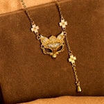 Buddha Stone 24k Gold Plated Brass Fox Flower Design Tassel Pendant Necklace