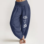 Buddha Stones Pure Cotton Lotus Heart Shape Om Symbol Pattern Women's Elastic Waist Harem Pants