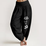 Buddha Stones Pure Cotton Lotus Heart Shape Om Symbol Pattern Women's Elastic Waist Harem Pants