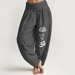 Buddha Stones Pure Cotton Lotus Heart Shape Om Symbol Pattern Women's Elastic Waist Harem Pants