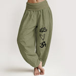 Buddha Stones Pure Cotton Lotus Heart Shape Om Symbol Pattern Women's Elastic Waist Harem Pants