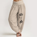 Buddha Stones Pure Cotton Lotus Heart Shape Om Symbol Pattern Women's Elastic Waist Harem Pants