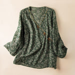 Buddha Stones Spring V-Neck Printed Floral Pattern Women's Long Sleeve Shirt