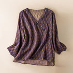 Buddha Stones Spring V-Neck Printed Floral Pattern Women's Long Sleeve Shirt