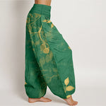 Buddha Stones Pure Cotton Softly Colored Leaves Pattern Women's Elastic Waist Harem Pants