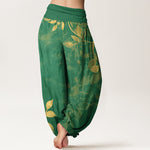 Buddha Stones Pure Cotton Softly Colored Leaves Pattern Women's Elastic Waist Harem Pants