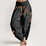 Buddha Stones Pure Cotton Softly Colored Leaves Pattern Women's Elastic Waist Harem Pants