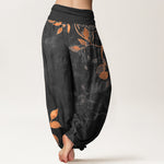 Buddha Stones Pure Cotton Softly Colored Leaves Pattern Women's Elastic Waist Harem Pants