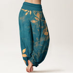Buddha Stones Pure Cotton Softly Colored Leaves Pattern Women's Elastic Waist Harem Pants