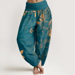 Buddha Stones Pure Cotton Softly Colored Leaves Pattern Women's Elastic Waist Harem Pants