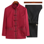 Buddha Stones Fu Character Embroidery Tang Suit Frog-Button Men's Long Sleeve Jacket Shirt Pants