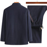 Buddha Stones Fu Character Embroidery Tang Suit Frog-Button Men's Long Sleeve Jacket Shirt Pants