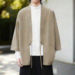 Buddha Stones Solid Color Open Front Long Sleeve Corduroy Jacket Men's Kimono Cotton Linen Shirt