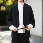 Buddha Stones Solid Color Open Front Long Sleeve Corduroy Jacket Men's Kimono Cotton Linen Shirt