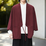 Buddha Stones Solid Color Open Front Long Sleeve Corduroy Jacket Men's Kimono Cotton Linen Shirt