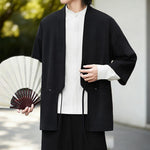Buddha Stones Solid Color Open Front Long Sleeve Corduroy Jacket Men's Kimono Cotton Linen Shirt