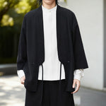 Buddha Stones Solid Color Open Front Long Sleeve Corduroy Jacket Men's Kimono Cotton Linen Shirt