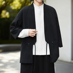 Buddha Stones Solid Color Open Front Long Sleeve Corduroy Jacket Men's Kimono Cotton Linen Shirt