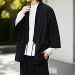 Buddha Stones Solid Color Open Front Long Sleeve Corduroy Jacket Men's Kimono Cotton Linen Shirt