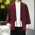 Buddha Stones Solid Color Open Front Long Sleeve Corduroy Jacket Men's Kimono Cotton Linen Shirt