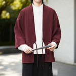 Buddha Stones Solid Color Open Front Long Sleeve Corduroy Jacket Men's Kimono Cotton Linen Shirt
