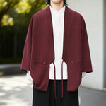 Buddha Stones Solid Color Open Front Long Sleeve Corduroy Jacket Men's Kimono Cotton Linen Shirt
