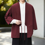 Buddha Stones Solid Color Open Front Long Sleeve Corduroy Jacket Men's Kimono Cotton Linen Shirt