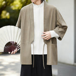 Buddha Stones Solid Color Open Front Long Sleeve Corduroy Jacket Men's Kimono Cotton Linen Shirt