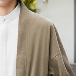 Buddha Stones Solid Color Open Front Long Sleeve Corduroy Jacket Men's Kimono Cotton Linen Shirt