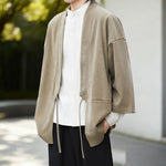 Buddha Stones Solid Color Open Front Long Sleeve Corduroy Jacket Men's Kimono Cotton Linen Shirt